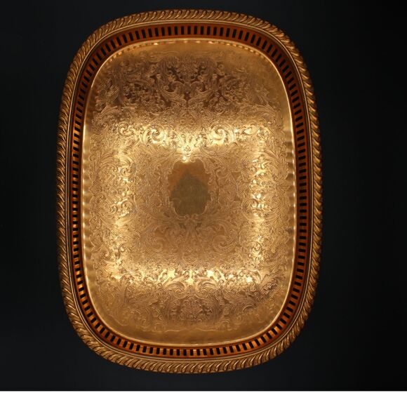 Vintage Copper Plated Tray Scroll Filigree Design Pattern Retro Kitchen Decor - Picture 7 of 7